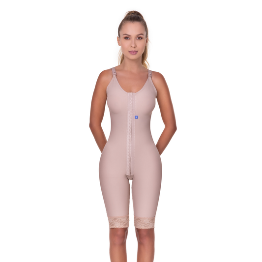 Cinta pós-operatória alça fina com meia coxa e abertura frontal